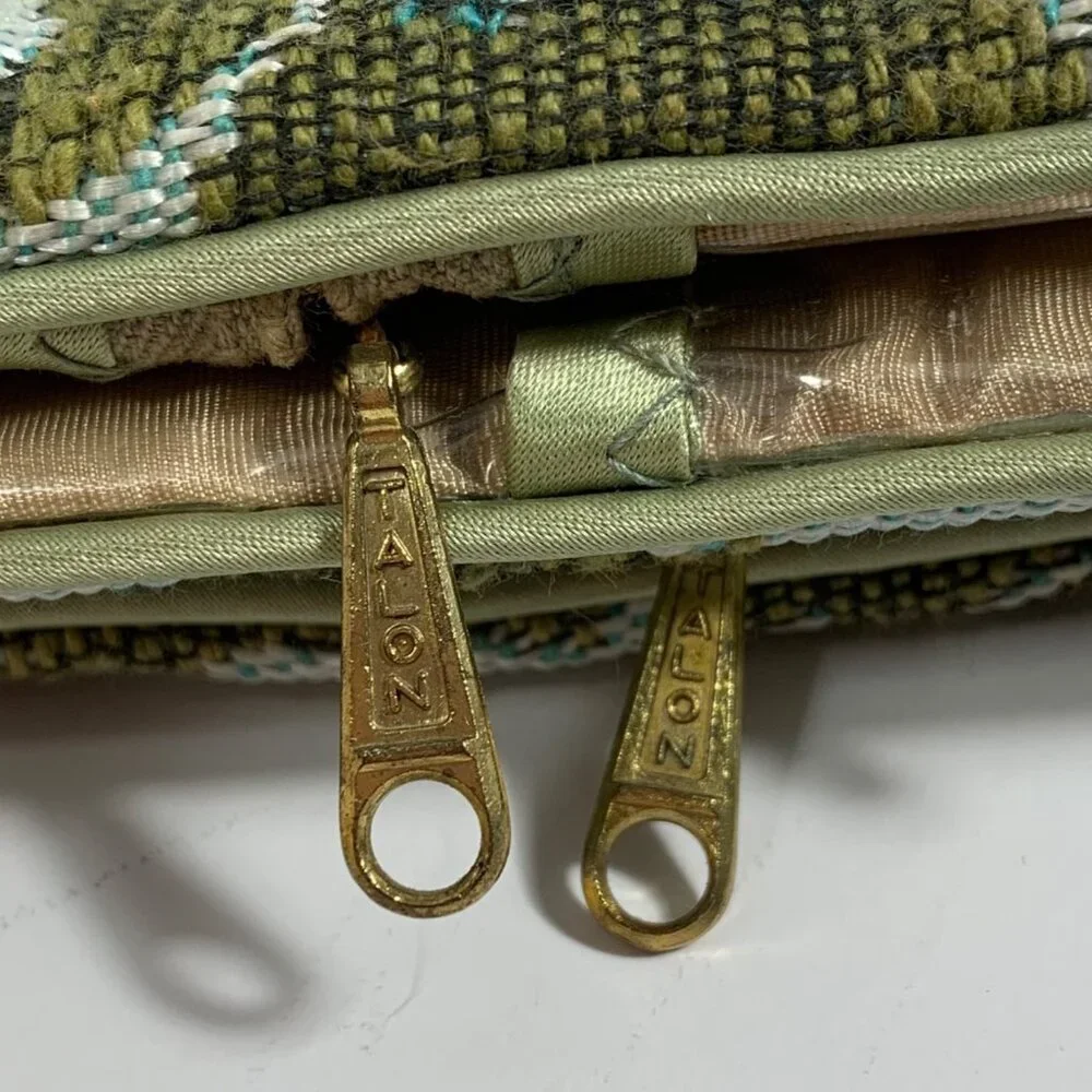 60s Hanging Fold Jewelry Lingerie Organizer Bag Green Floral Damask Talon Zipper - Picture 5 of 5